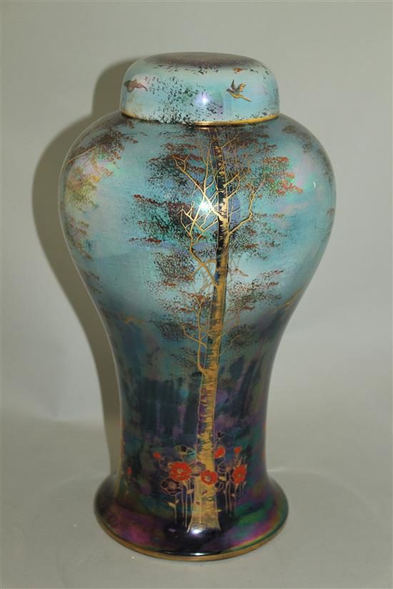 A large Crown Devon Fieldings Lustrine birch pattern meiping vase and cover, 1930s, 37cm